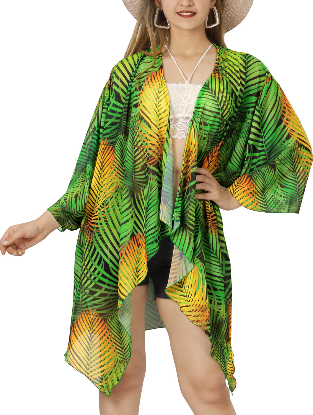 Island Elegance Sheer Allover Palm Tree Printed Kimono Shrug Jacket Cover up