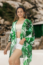 Load image into Gallery viewer, Tropical Elegance Sheer Allover Monstera Leaves and Palm Tree Leaves Printed Kimono Shrug Jacket Cover up