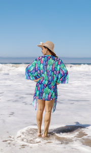 Bohemian Whimsy Sheer Allover Multicolor Feather Printed Kimono Shrug Jacket Cover up