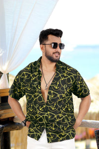 Allover Anchor And Chain Black Printed Hawaiian Beach Shirt For Men