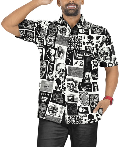 LA LEELA Men's Hawaiian Short Sleeve Button Down Shirts Allover Skulls, Black