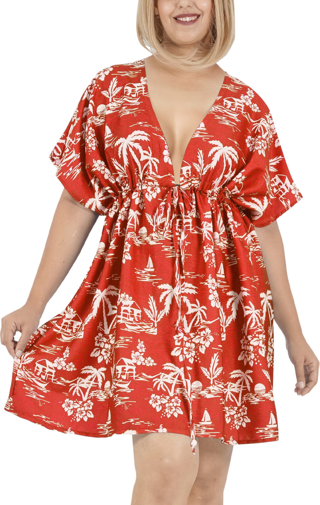 Red Non-Sheer Island and Sunset Printed V-Neck Beach Cover up For Women