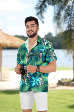 Load image into Gallery viewer, Navy Blue Tropical Leaves Printed Hawaiian Beach Shirt For Men