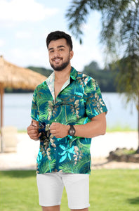 Navy Blue Tropical Leaves Printed Hawaiian Beach Shirt For Men