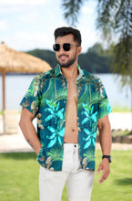 Load image into Gallery viewer, Navy Blue Tropical Leaves Printed Hawaiian Beach Shirt For Men