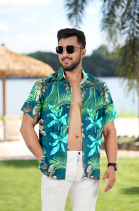 Navy Blue Tropical Leaves Printed Hawaiian Beach Shirt For Men