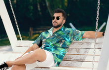 Load image into Gallery viewer, Navy Blue Tropical Leaves Printed Hawaiian Beach Shirt For Men