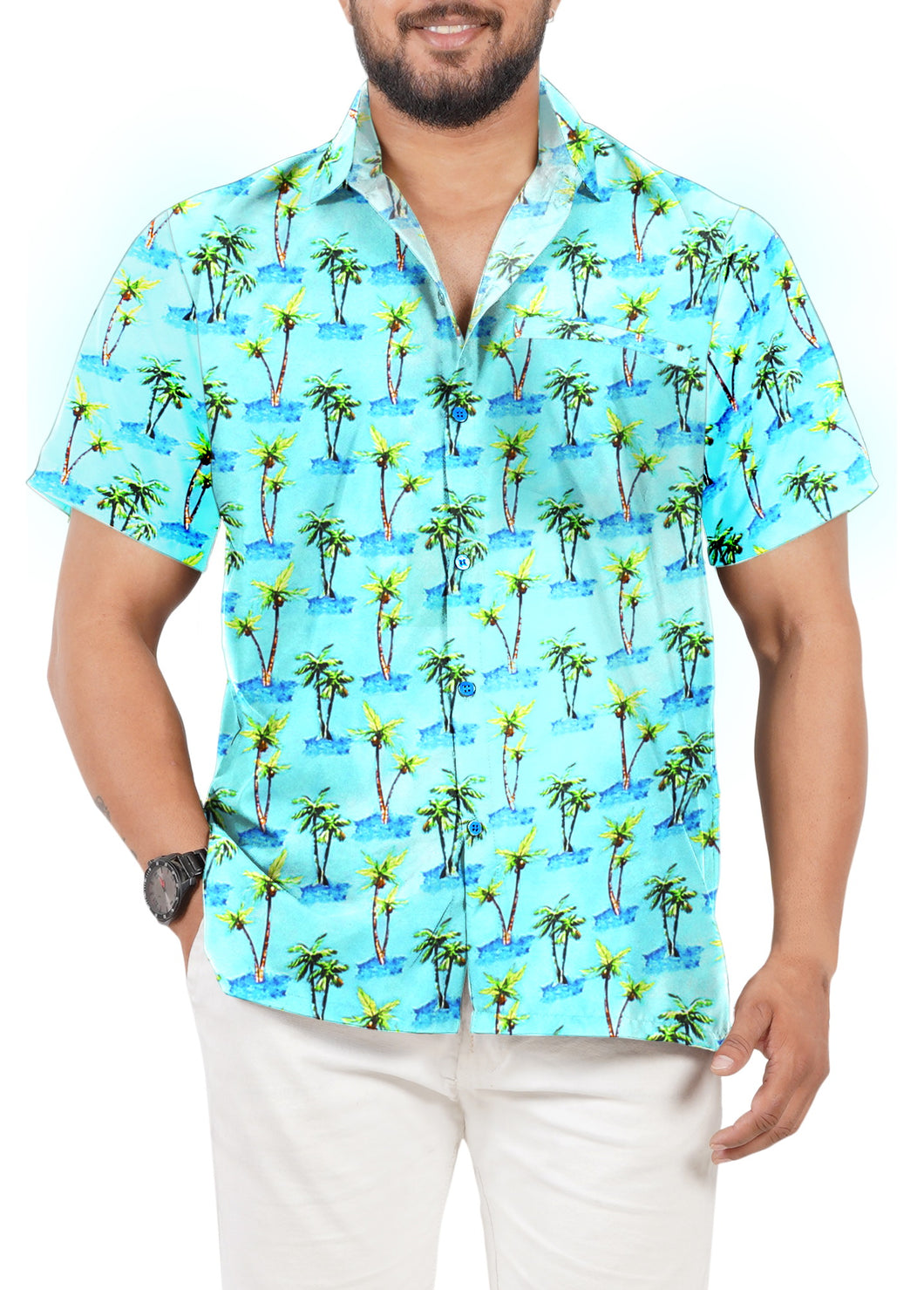 Allover Mini Palm Tree and Island View Printed Hawaiian Beach Shirt For Men