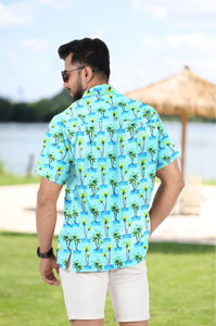 Allover Mini Palm Tree and Island View Printed Hawaiian Beach Shirt For Men