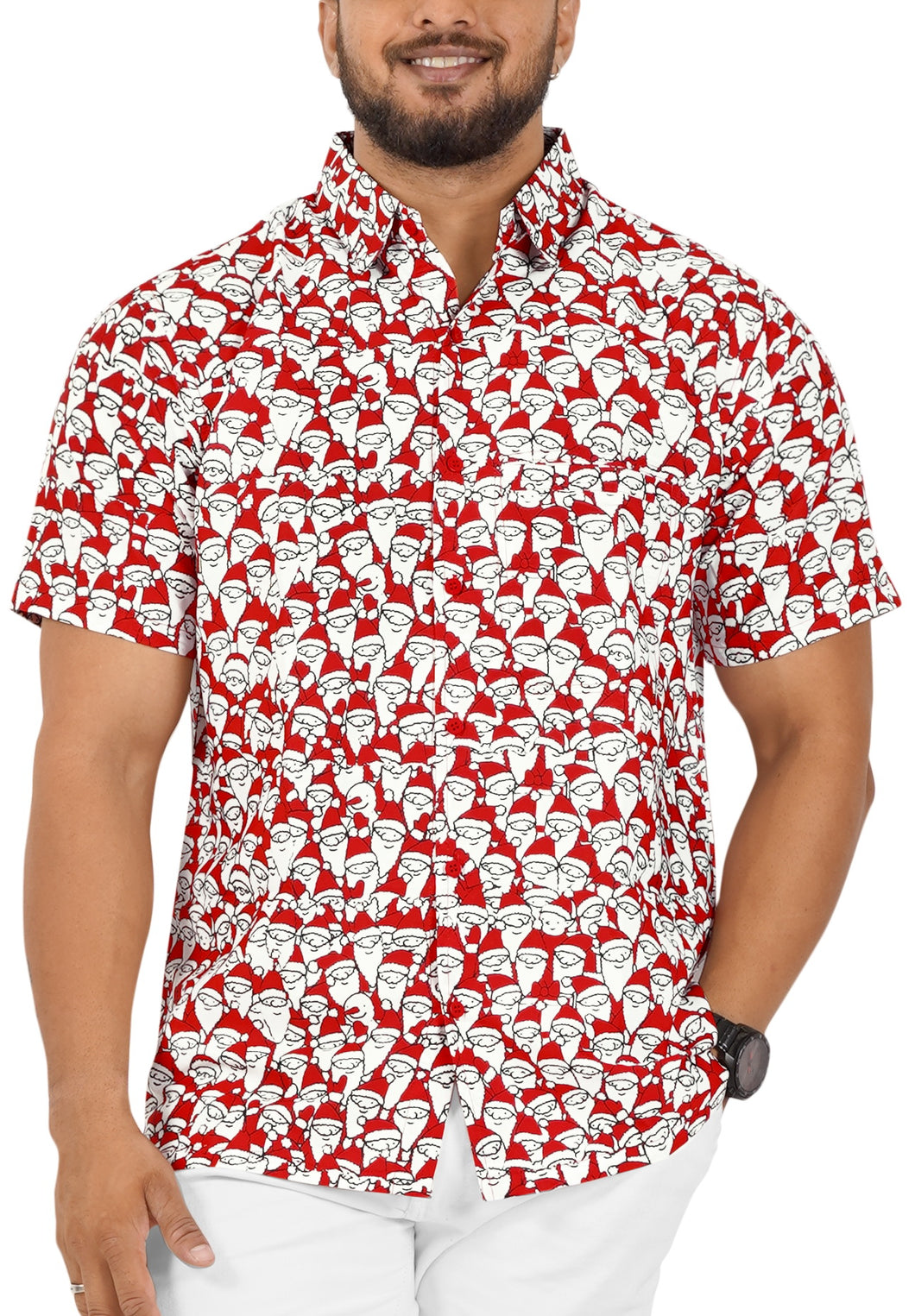 HAPPY BAY Men's Hawaiian Short Sleeve Button Down Shirts Santa Face, Red