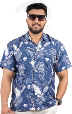 La Leela Men's Relax Waves and Feather Hawaiian Shirt Navy Blue