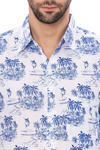 Cargar imagen en el visor de la galería, Tropical Tranquility White &amp; Royal Blue Island and Swordfish Printed Linen Effect Men&#39;s Shirt