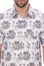 Load image into Gallery viewer, Tropical Tranquility White &amp; Black Island and Swordfish Printed Linen Effect Men&#39;s Shirt