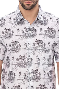 Tropical Tranquility White & Black Island and Swordfish Printed Linen Effect Men's Shirt