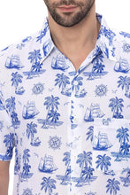 Cargar imagen en el visor de la galería, Tropical Tranquility White &amp; Royal Blue Palm Tree Printed Linen Effect Men&#39;s Shirt