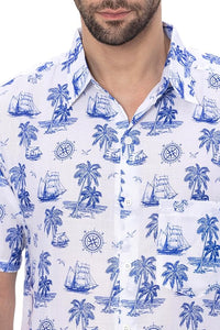 Tropical Tranquility White & Royal Blue Palm Tree Printed Linen Effect Men's Shirt