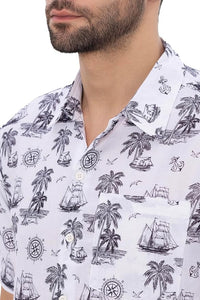 Tropical Tranquility White & Black Palm Tree Printed Linen Effect Men's Shirt