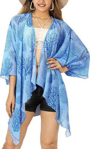 Sheer Cardigan Open Front Kimon Beach Coverup Blue 918891