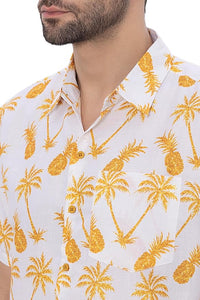 Tropical Vibes White & Yellow Pineapple and Palm Tree Printed Linen Effect Men's Shirt