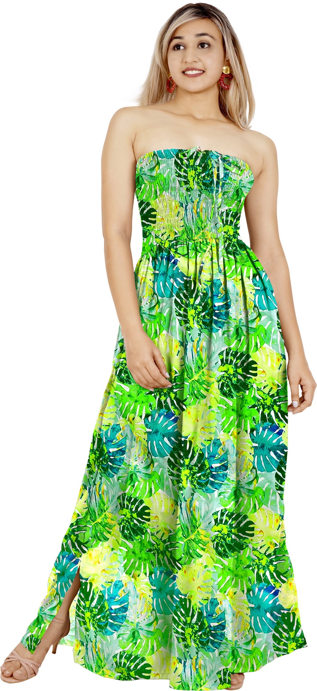 Green Allover Monstera Leaves Printed Long Tube Dress For Women