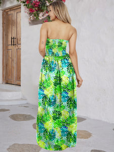 Green Allover Monstera Leaves Printed Long Tube Dress For Women
