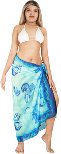 Sheer Sea Blue Color Sea Shell Printed Beach Wrap For Women