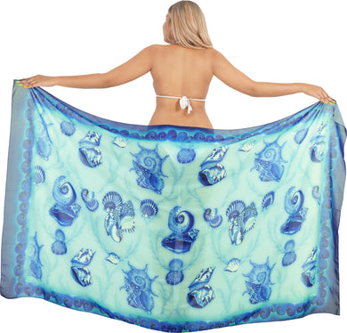 Sheer Sea Blue Color Sea Shell Printed Beach Wrap For Women