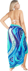 Coastal Chic Sheer Royal Blue Abstract with Sea Shells Printed Beach Wrap For Women