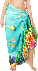 Dive into Aquatic Beauty Sea Green Sheer Underwater View and Fishes Printed Beach Wrap For Women