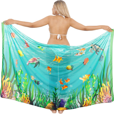 Dive into Aquatic Beauty Sea Green Sheer Underwater View and Fishes Printed Beach Wrap For Women