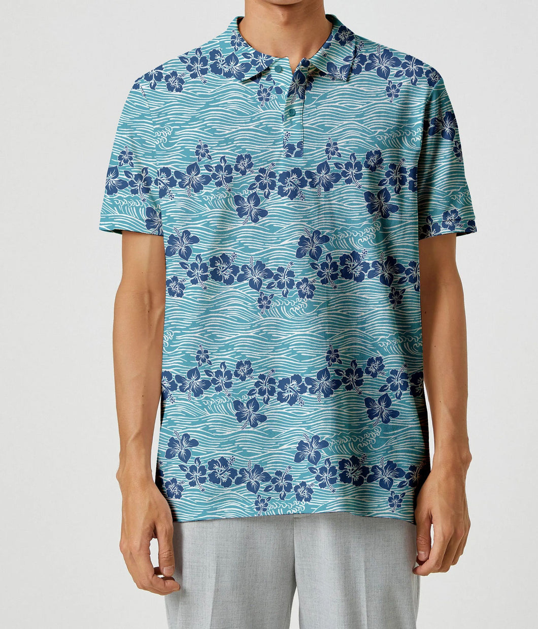 Teal Blue Allover Hibiscus Floral and Waves Mens Polo Golf Shirt