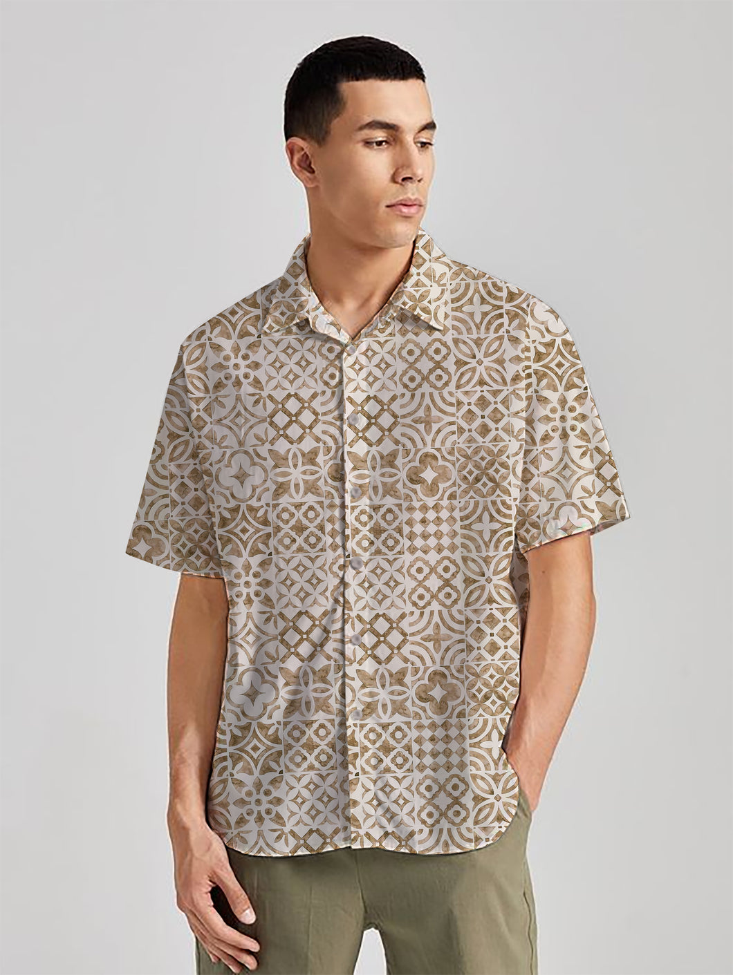 Dapper Geometry Brown Printed White Rayon Men's Shirt