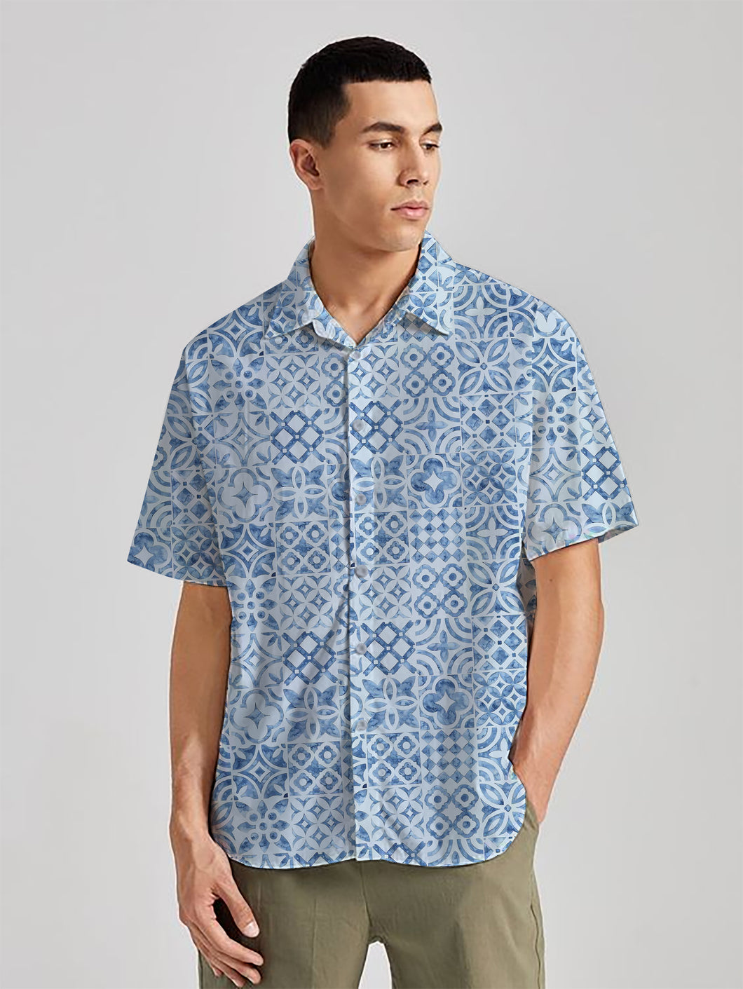 Dapper Geometry Blue Printed White Rayon Men's Shirt