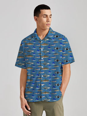 Oceanic Opulence Royal Blue And Multicolor Shark Fish Printed Rayon Men's Shirt