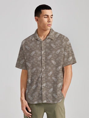 Tropical Beauty Pineapple And Palm Tree Printed Brown Rayon Men's Shirt