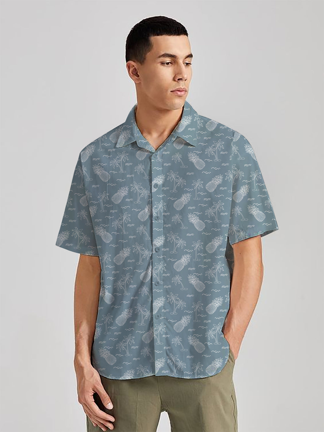 Tropical Beauty Pineapple And Palm Tree Printed Blue Rayon Men's Shirt