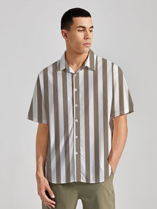 White And Brown Vertical Stripes Printed Men's Linen Effect Shirt P00405