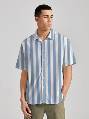 White And Blue Vertical Stripes Printed Men's Linen Effect Shirt