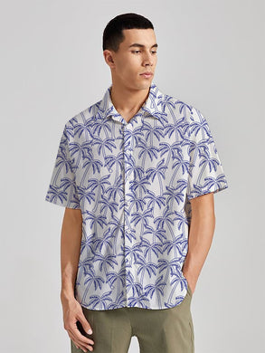 Tropical Allover Blue Palm Tree Printed White Men's Linen Effect Shirt