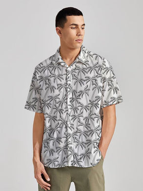 Tropical Allover Black Palm Tree Printed White Men's Linen Effect Shirt