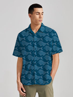 Marine Vibes Blue Allover Fish Printed Linen Effect Men's Shirt