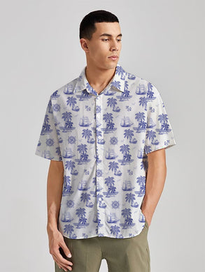 Tropical Tranquility White & Royal Blue Palm Tree Printed Linen Effect Men's Shirt