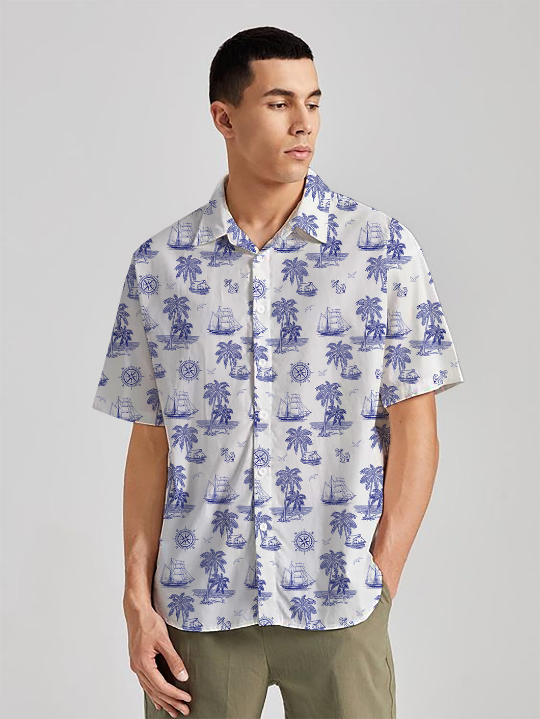 Tropical Tranquility White & Royal Blue Palm Tree Printed Linen Effect Men's Shirt