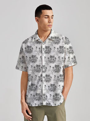 Tropical Tranquility White & Black Island and Swordfish Printed Linen Effect Men's Shirt