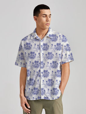 Tropical Tranquility White & Royal Blue Island and Swordfish Printed Linen Effect Men's Shirt