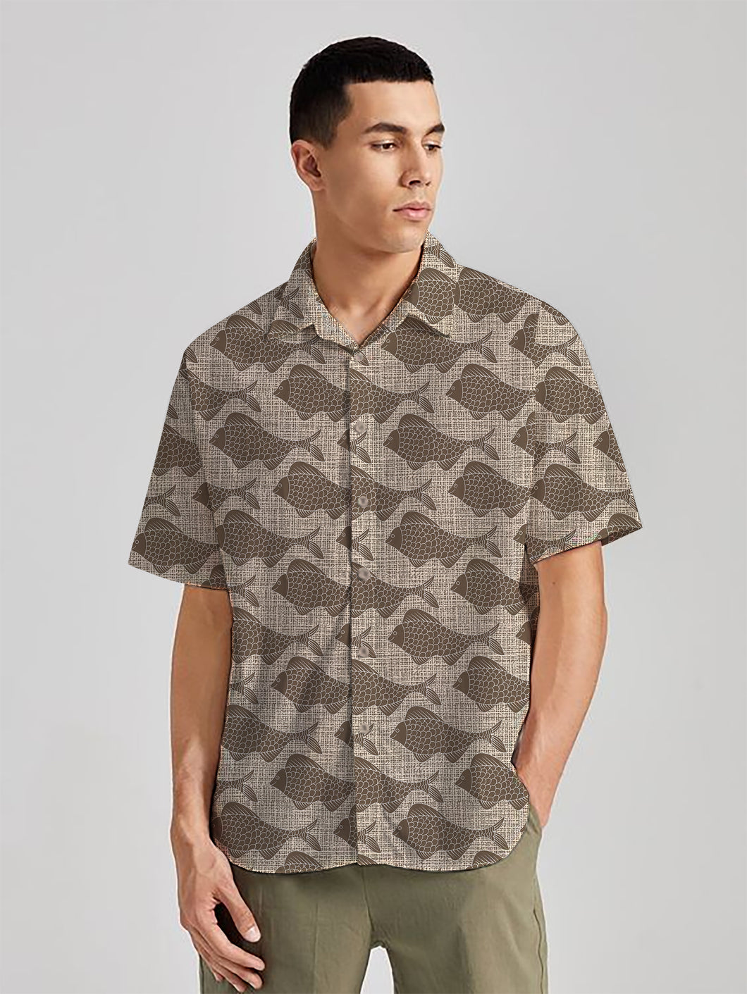 Marine Vibes Brown Allover Fish Printed Linen Effect Men's Shirt