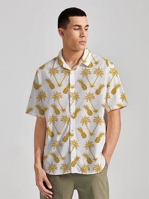 Tropical Vibes White & Yellow Pineapple and Palm Tree Printed Linen Effect Men's Shirt
