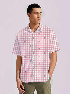 Allover Swordfish and Pink Checks Printed White Rayon Men's Shirt