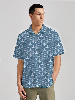 Sail Into Style Navy Blue & White Anchor-Printed Rayon Men's Shirt