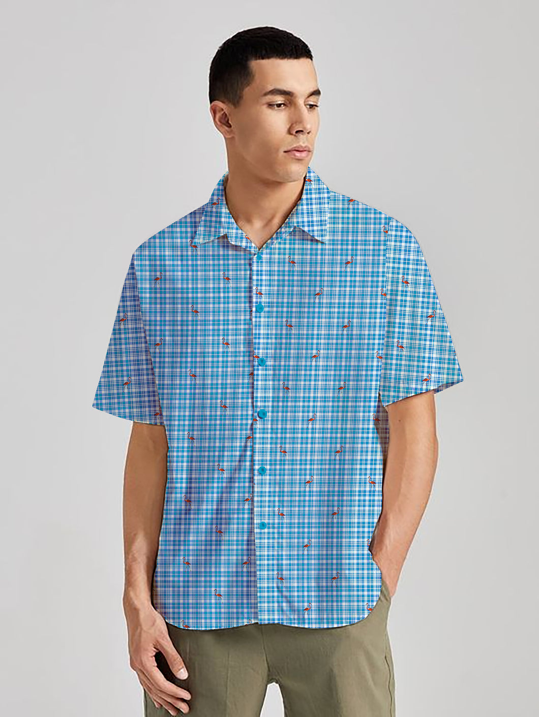 Blue Checks and Playful Flamingos Printed White Rayon Men's Shirt